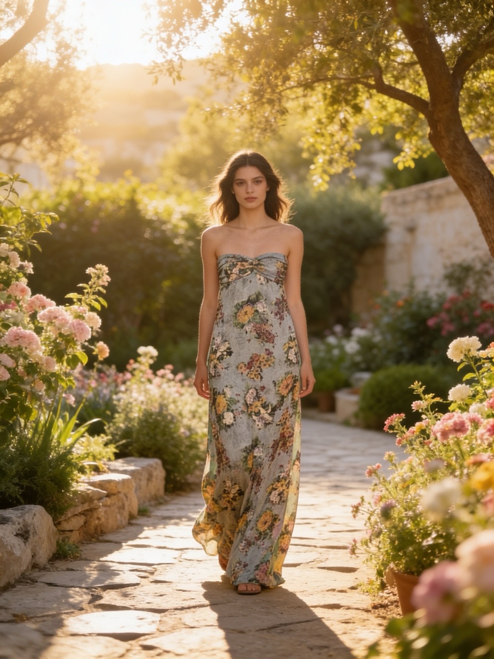 Fire Los Angeles Strapless Floral Maxi Dress French grey blue,Peach & burgundy